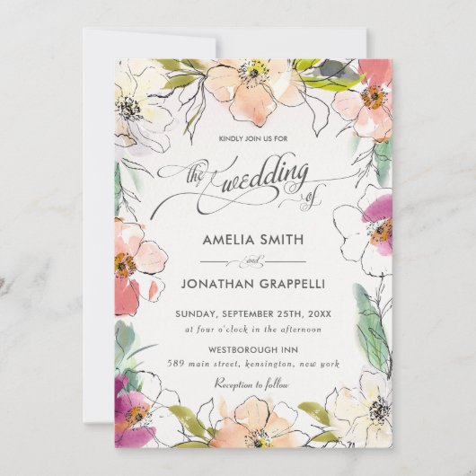 シックモダンエレガントウォーター色のフローラ結婚ズ 招待状 (正面)