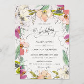 シックモダンエレガントウォーター色のフローラ結婚ズ 招待状 (正面/裏面)