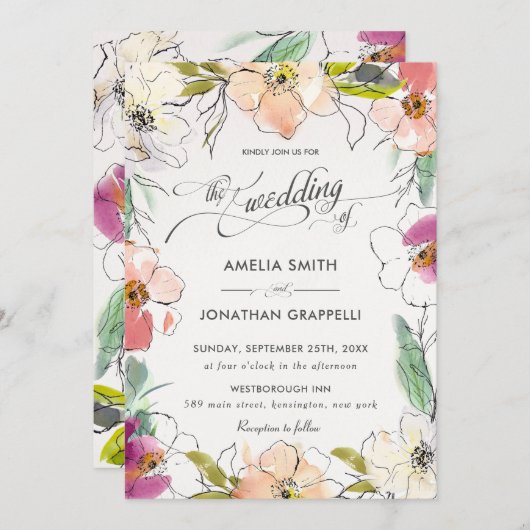 シックモダンエレガントウォーター色のフローラ結婚ズ 招待状 (正面/裏面)