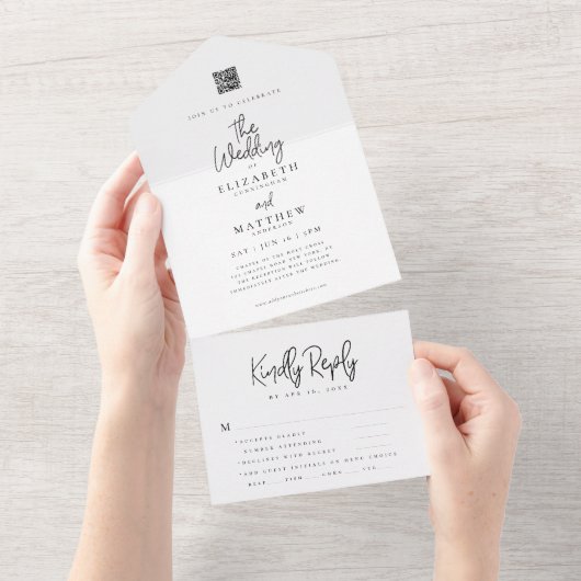 シックモダンエレガントシンプルQR食事オプシ結婚ョン オールインワン招待状 (貼ってはがせる)