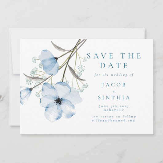 シックモダンエレガントダスティブルー結婚ズ セーブザデート (正面)