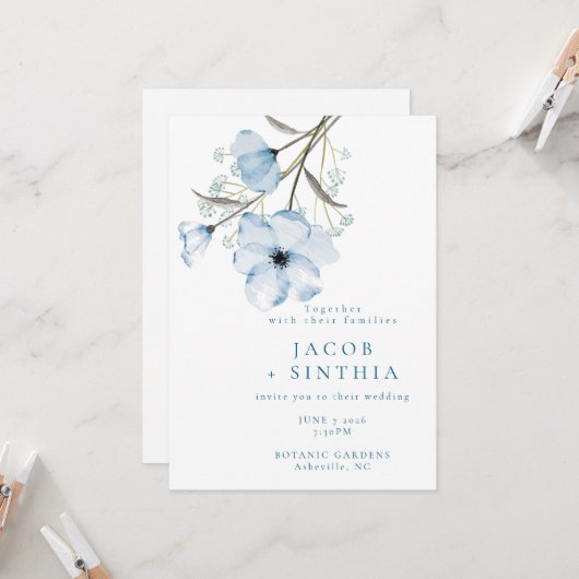 シックモダンエレガントダスティブルー結婚ズ 招待状 (正面/裏面インサイチュ)