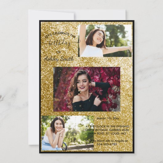 シックモダンエレガントブラックと金ゴールド甘い16 invita 招待状 (裏面)