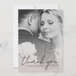 シックモダンエレガント赤面ピンク結婚写真 サンキューカード