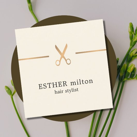 シックモダンエレガント金ゴールドフェイクシザー美容師 スクエア名刺