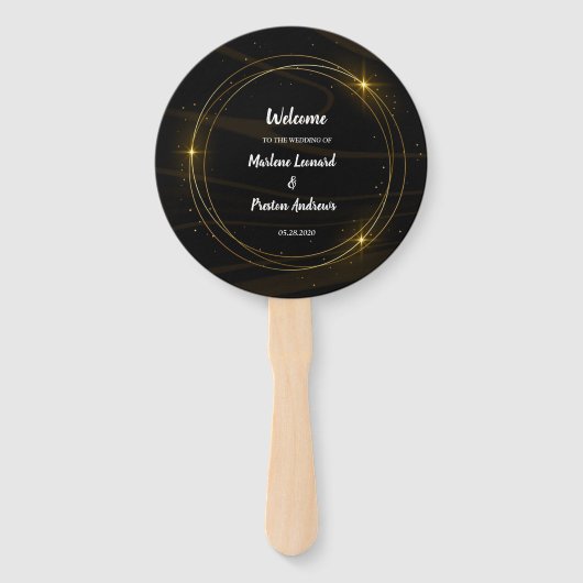 シックモダンエレガント金ゴールドライト結婚式 プログラム ハンドファン (正面)