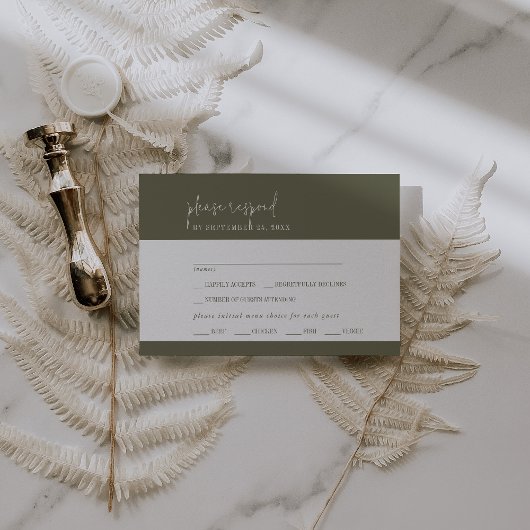 シックモダンオリーブグリーンメニュー選択RSVPカード 出欠カード