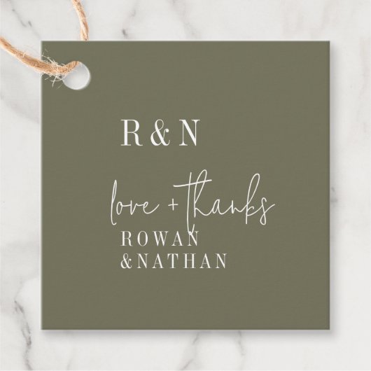 シックモダンオリーブグリーンモノグラム結婚ズ フェイバータグ (正面)