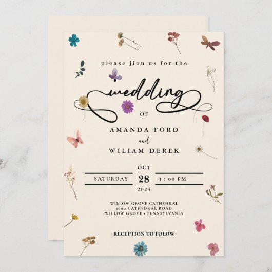 シックモダンカラフルクリームワイルドフラワー結婚ズ 招待状 (正面/裏面)