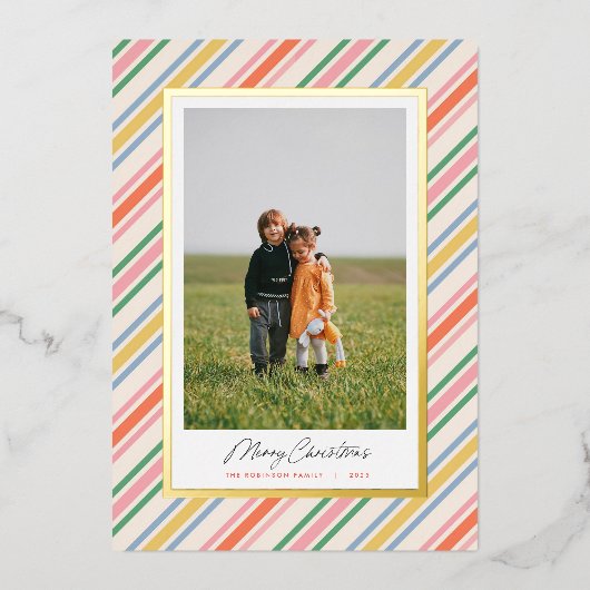 シックモダンカラフルストライプクリスマスフォイルカード 箔招待状 (正面)