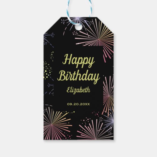 シックモダンカラフル花火ブラック誕生日 ギフトタグ (正面)