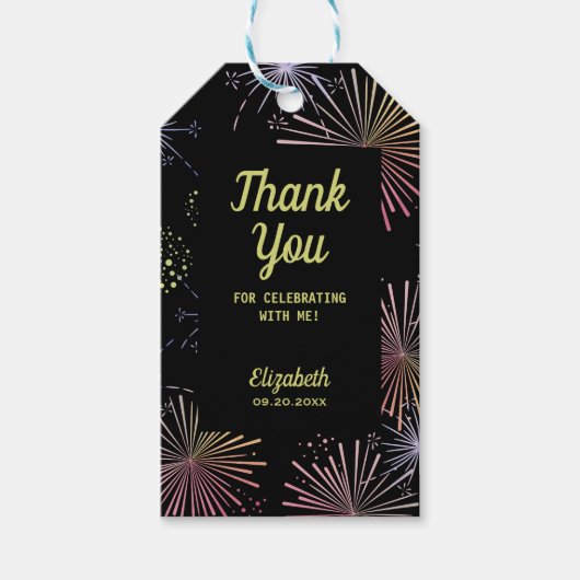 シックモダンカラフル花火ブラック誕生日 ギフトタグ (正面)