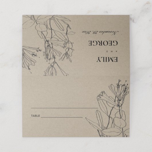シックモダンク素朴ラフト黒線スケッチフローラ プレイスカード (外部開封)