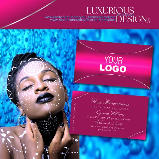 シックモダングラデーションシルバーとロ縁どゴを含むピンク 名刺