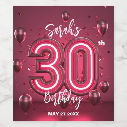 シックモダングラムメタリックネオンピンク30歳の誕生日 ワインラベル (シングルラベル)
