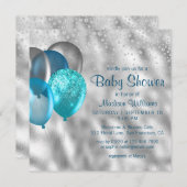 シックモダングリッターバルーンターコイズベビーシャワー 招待状 (正面/裏面)