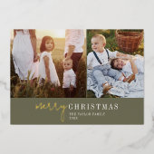 シックモダングリーンとゴールドフォイルのフォトコラージニュース 箔シーズンカード (正面)