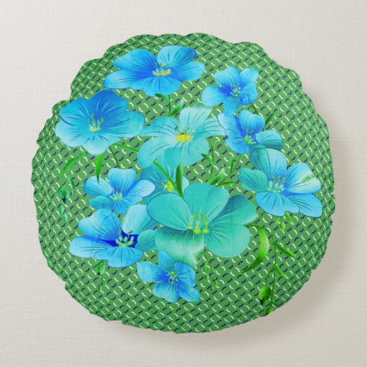 シックモダングリーンパターンブルーリリー装飾用クッション ラウンドクッション (正面)