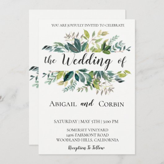 シックモダングリーンリー結婚式招待状 招待状 (正面/裏面)