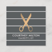 シックモダングレイストライプ金ゴールド美容師 スクエア名刺 (正面)