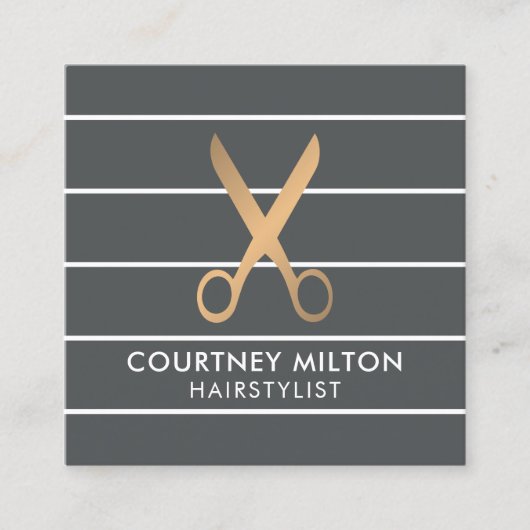 シックモダングレイストライプ金ゴールド美容師 スクエア名刺 (正面)