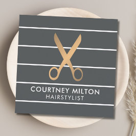 シックモダングレイストライプ金ゴールド美容師 スクエア名刺