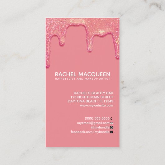 シックモダンコーラルピンクグリッタードリップスビジネスカード 名刺 (裏面)