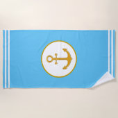 シックモダンゴールデンいかりオンターコイズ&ホワイト ビーチタオル (正面)