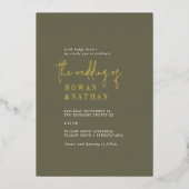 シックモダンゴールドフォイルオリーブグリーンフォトズ結婚ーズ 箔招待状 (正面)