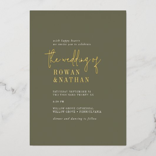 シックモダンゴールドフォイルオリーブグリーンフォトズ結婚ーズ 箔招待状 (正面)