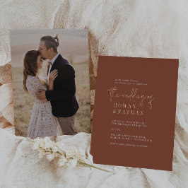 シックモダンゴールドフォイルテラコッタフォト結婚ズ 箔招待状