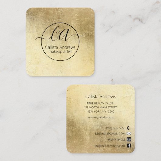 シックモダンゴールドフォイルモノグラムメイクアップアーティスト スクエア名刺 (正面/裏面)