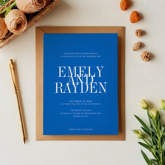 シックモダンサファイアブルーQRコード結婚のInvita 招待状