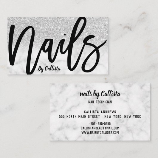 シックモダンシルバーグリッターマーブルネイリスト 名刺 (正面/裏面)
