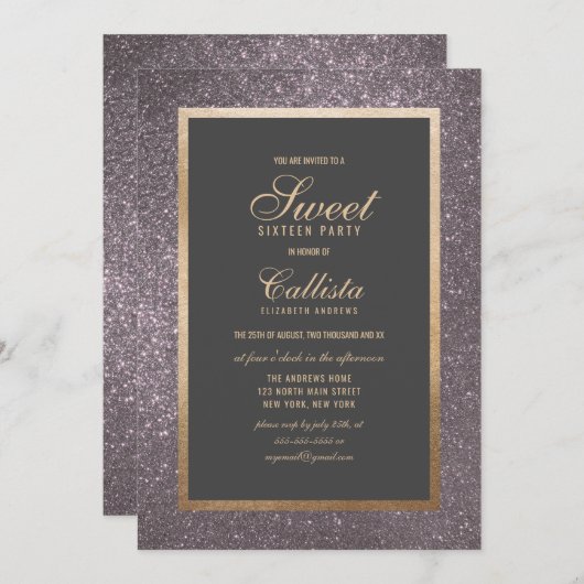 シックモダンシルバーグリッター厚縁ど甘16 招待状 (正面/裏面)