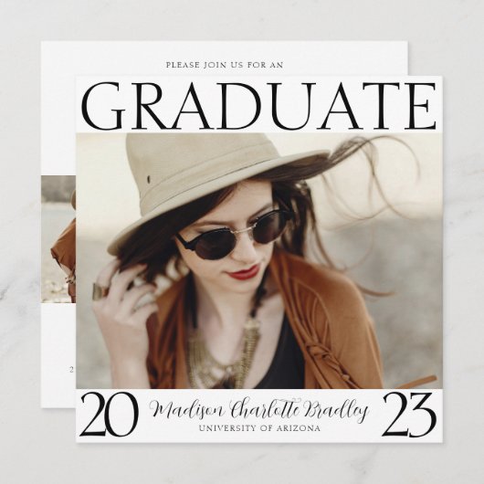 シックモダンスクエア4写真卒業発表 招待状 (正面/裏面)