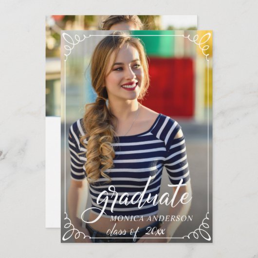 シックモダンスクリプエレガントトPHOTO卒業パーティー 招待状 (正面/裏面)