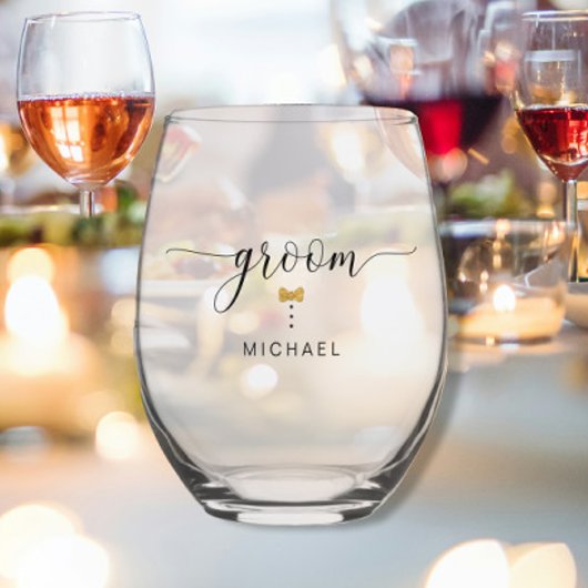 シックモダンスクリプトグルーム金ゴールドボウタイ名結婚ズ ステムなしワイングラス