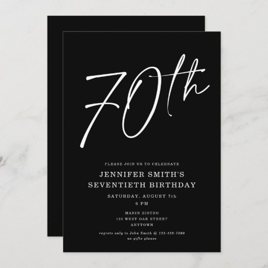 シックモダンスクリプトセヴェント70th誕生日パーティー 招待状 (正面/裏面)