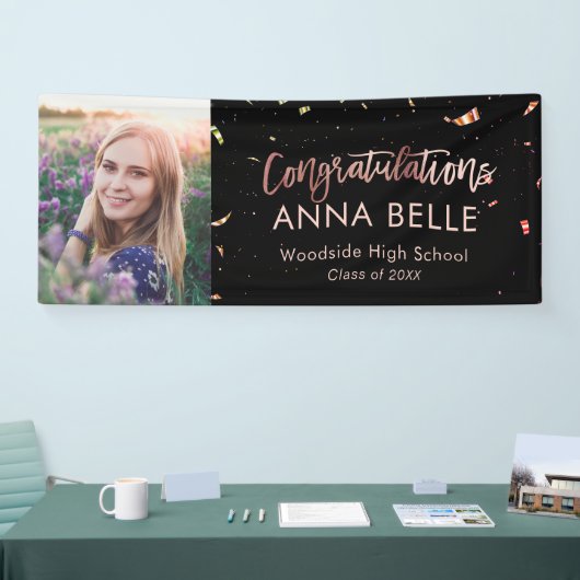 シックモダンスクリプトバラ金ゴールド卒業写真 横断幕 (トレードショー)