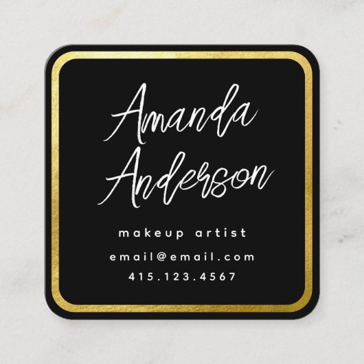 シックモダンスクリプトブラック+金ゴールド写真 スクエア名刺 (正面)