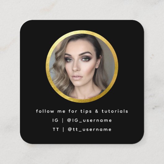 シックモダンスクリプトブラック+金ゴールド写真 スクエア名刺 (裏面)