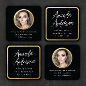 シックモダンスクリプトブラック+金ゴールド写真 スクエア名刺