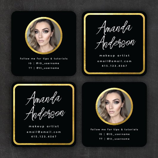 シックモダンスクリプトブラック+金ゴールド写真 スクエア名刺
