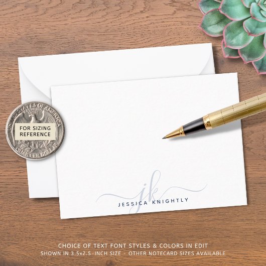 シックモダンスクリプトブルーモノグラムイニシャルミニマル ノートカード