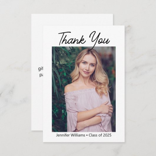 シックモダンスクリプト卒業写真ミニマル サンキューカード (正面/裏面)