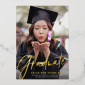 シックモダンスクリプト大学院写真卒業金ゴールド 箔招待状 (正面)