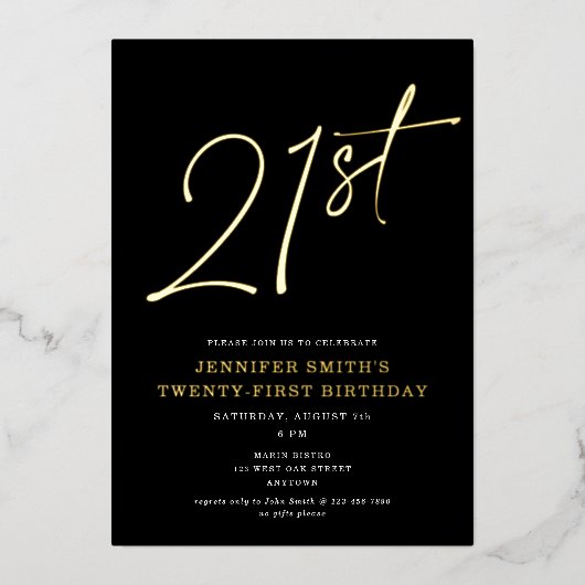 シックモダンスクリプト21歳21歳の誕生日パーティー 箔招待状 (正面)