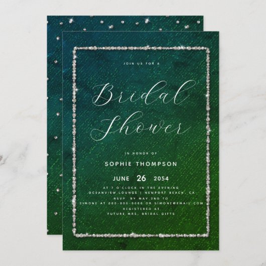 シックモダンスパークルグリッターエメラルドブライダルシャワー 招待状 (正面/裏面)