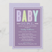 シックモダンタイプラベンダーパープルガールベビーシャワー 招待状 (正面/裏面)